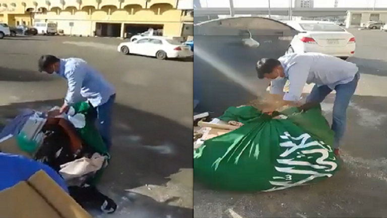 السلطات السعودية تعتقل 4 مقيمين من الجنسية البنغلادشية قاموا بحشو علم المملكة بالنفايات والقوه في القمامة/ فيديو