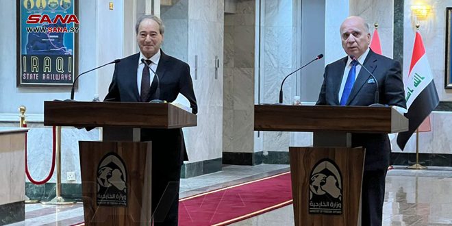المقداد وحسين يؤكدان الحرص على تعزيز التنسيق الثنائي بين سوريا والعراق، ويدينان الاعتداءات التركية على أراضيهما
